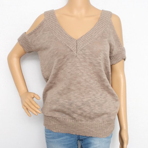 ROI Tan Cold Shoulder Linen Blend Knit Top S - Picture 1 of 6